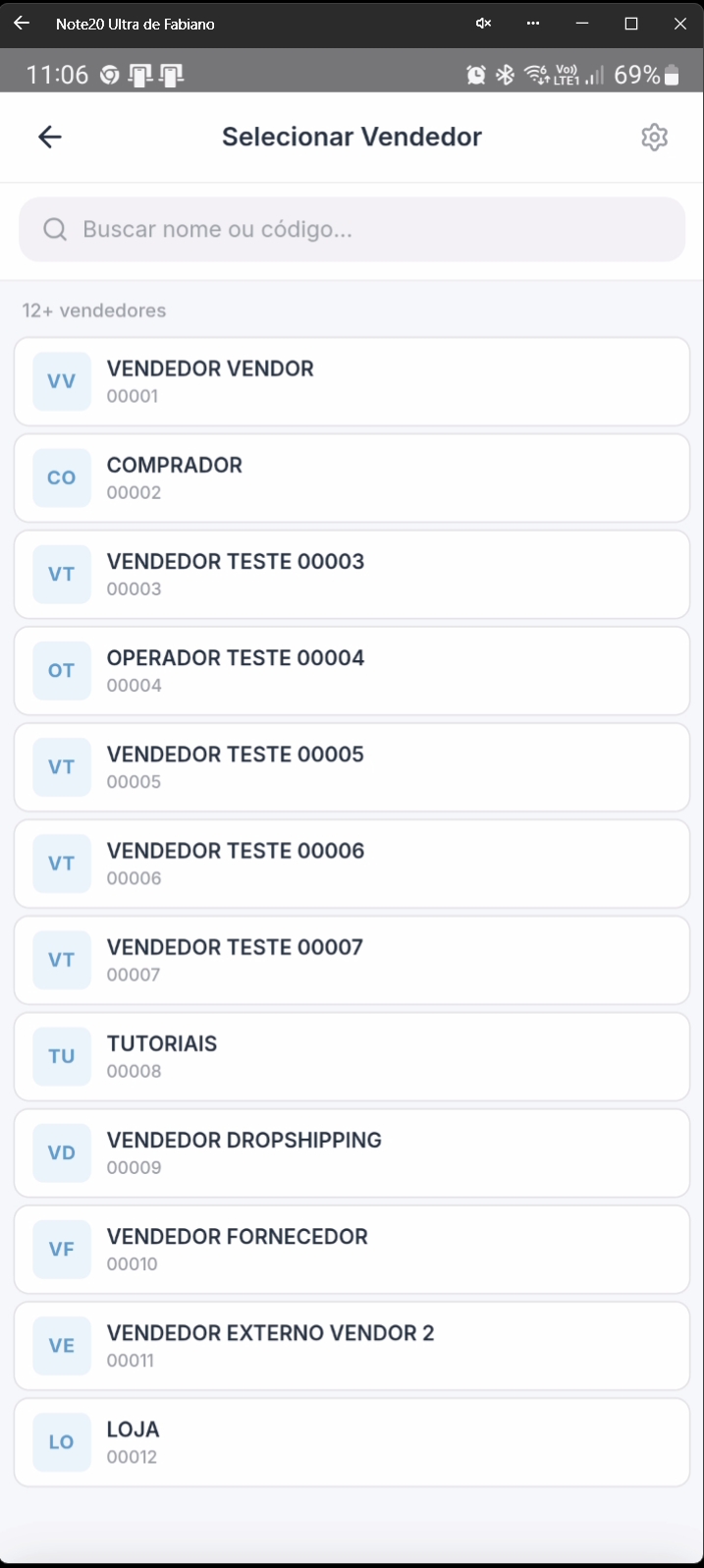 Tela de seleção de operador com lista de vendedores