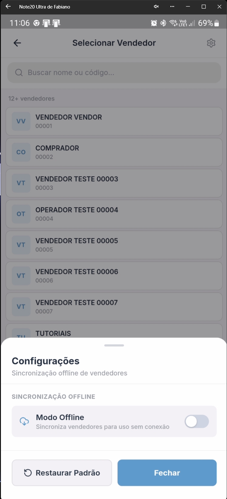 Configurações de operadores com modo offline desativado