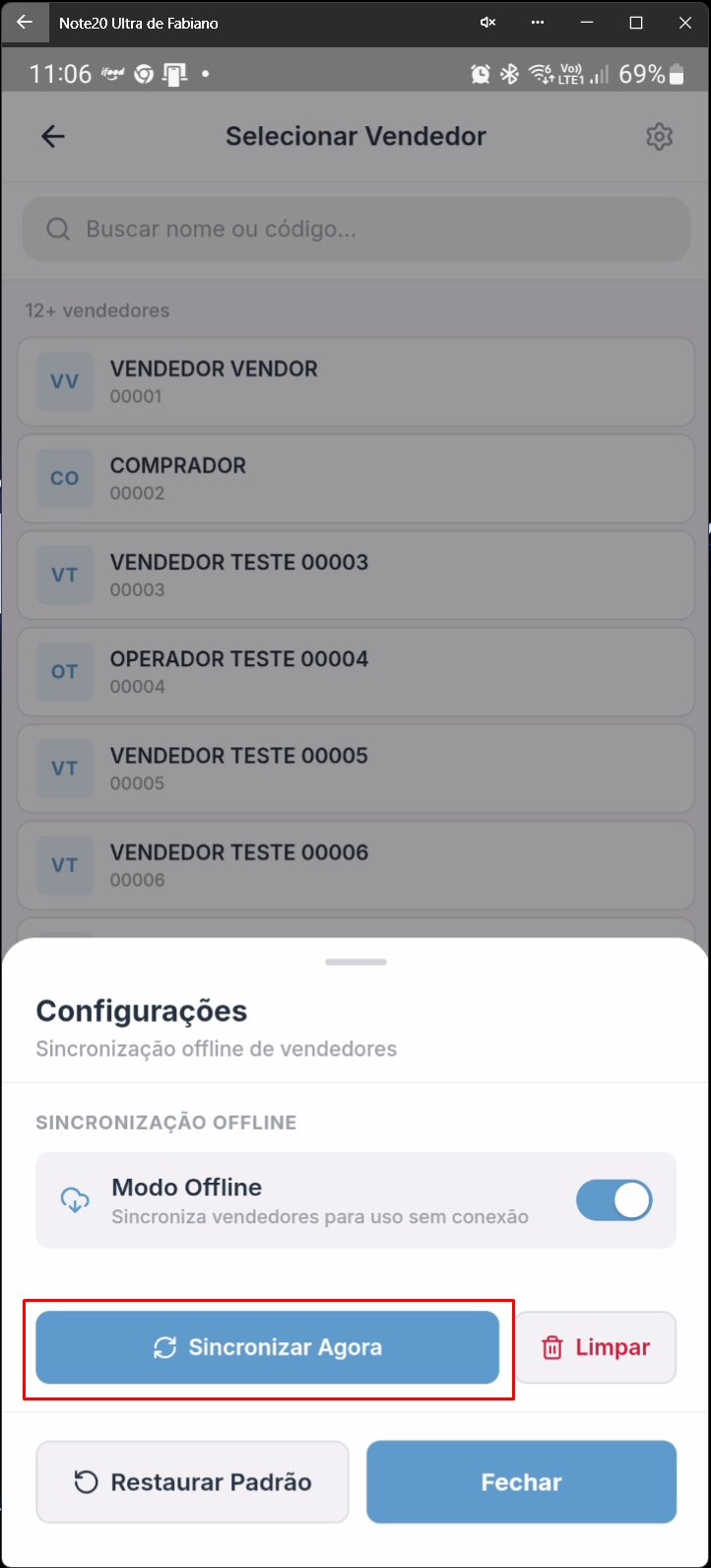 Configurações de operadores com modo offline ativado