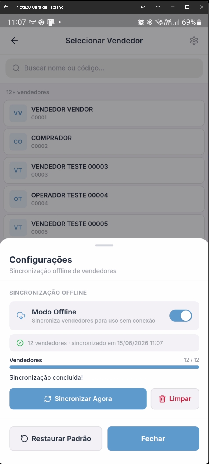 Tela mostrando operadores sincronizados