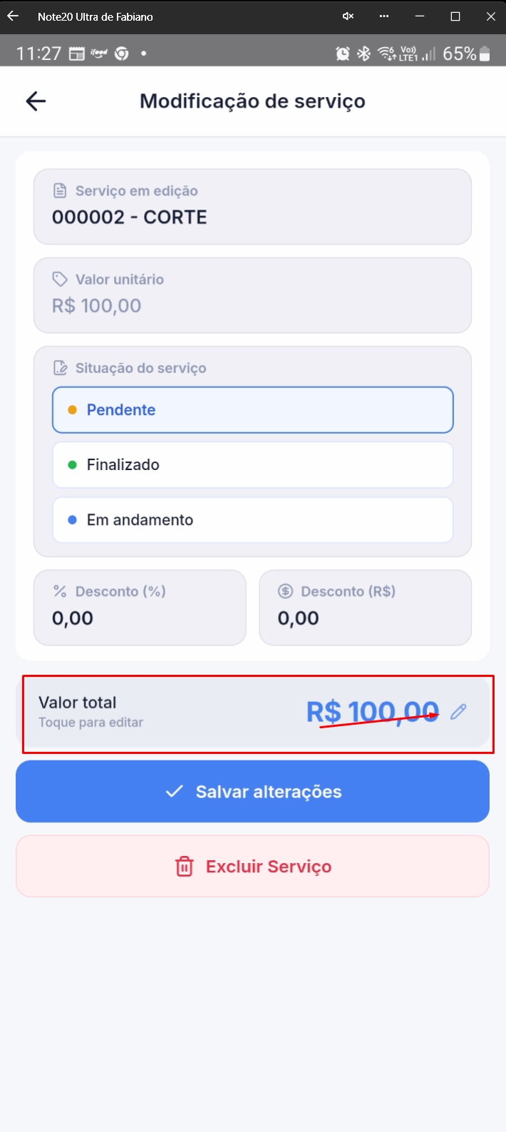Tela destacando campo de valor total para edição manual