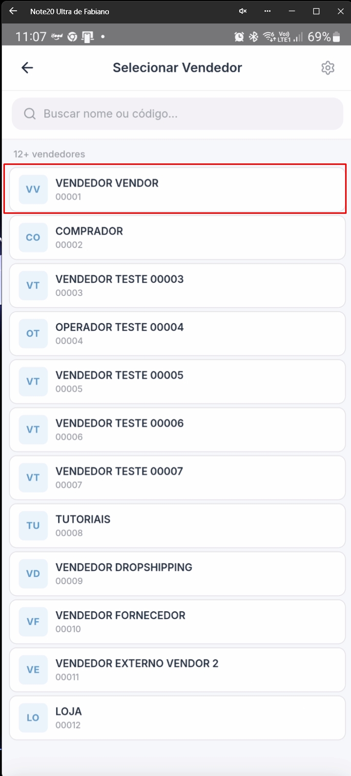 Operador selecionado na lista de vendedores