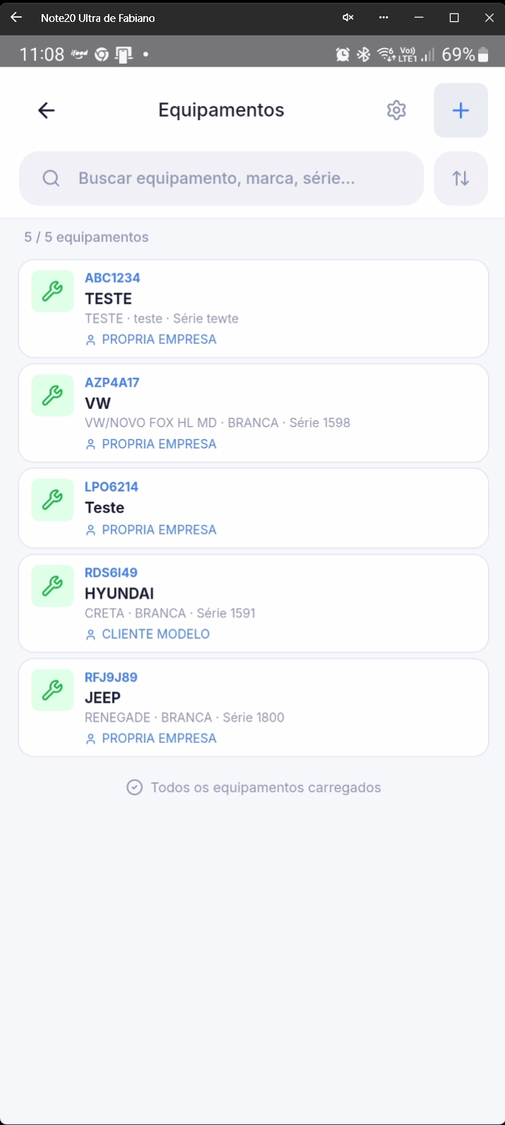 Tela de seleção de equipamento com lista disponível