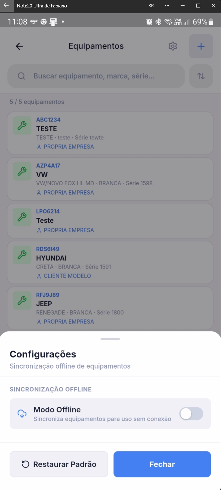 Configurações de equipamentos com modo offline desativado
