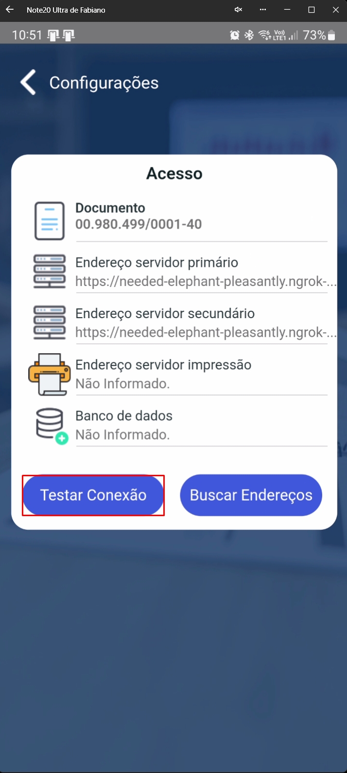 Resultado do teste de conexão com indicador de status