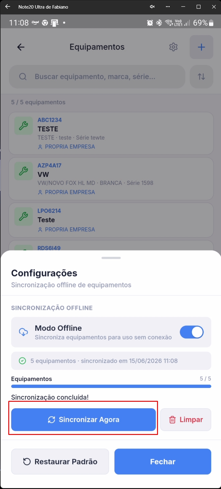 Tela mostrando equipamentos sincronizados