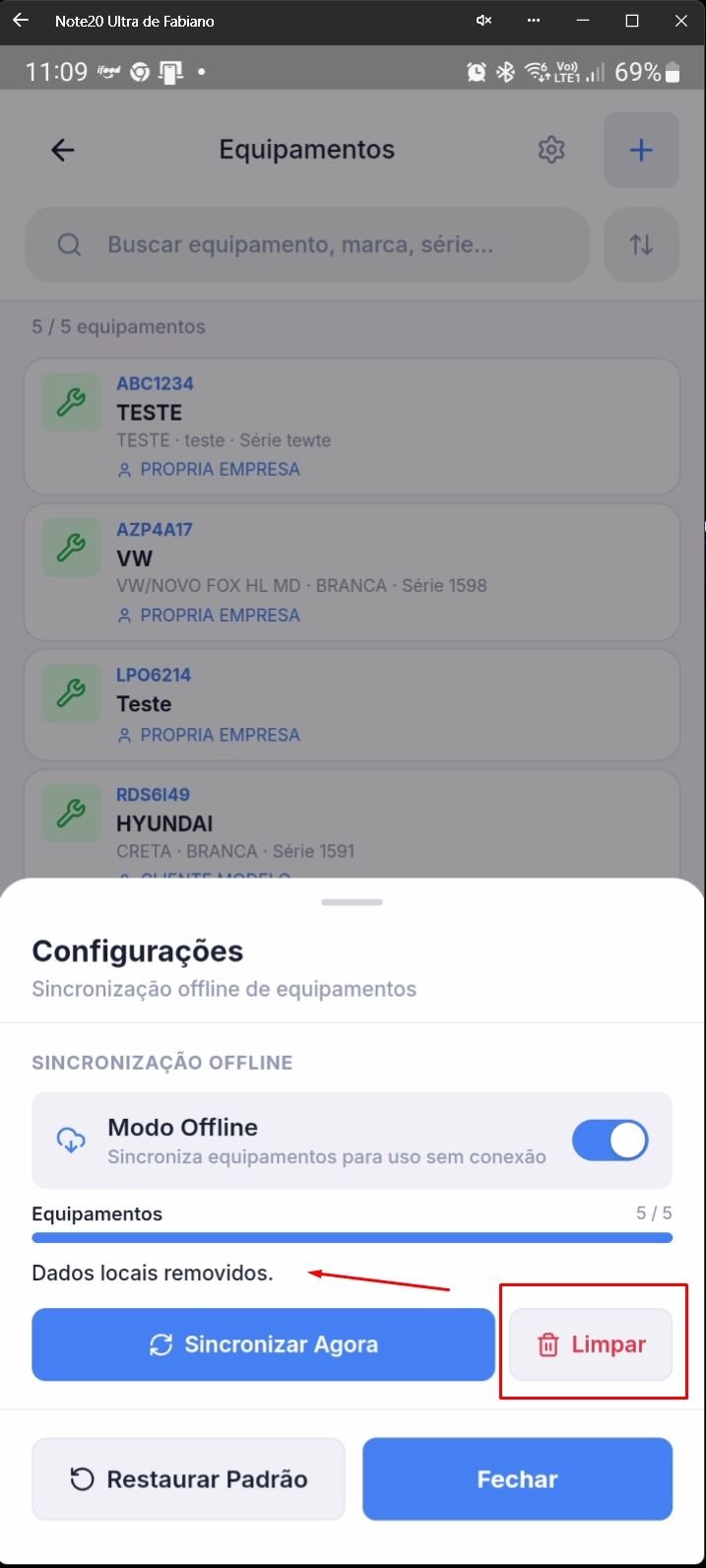 Configurações de equipamentos com destaque para limpar