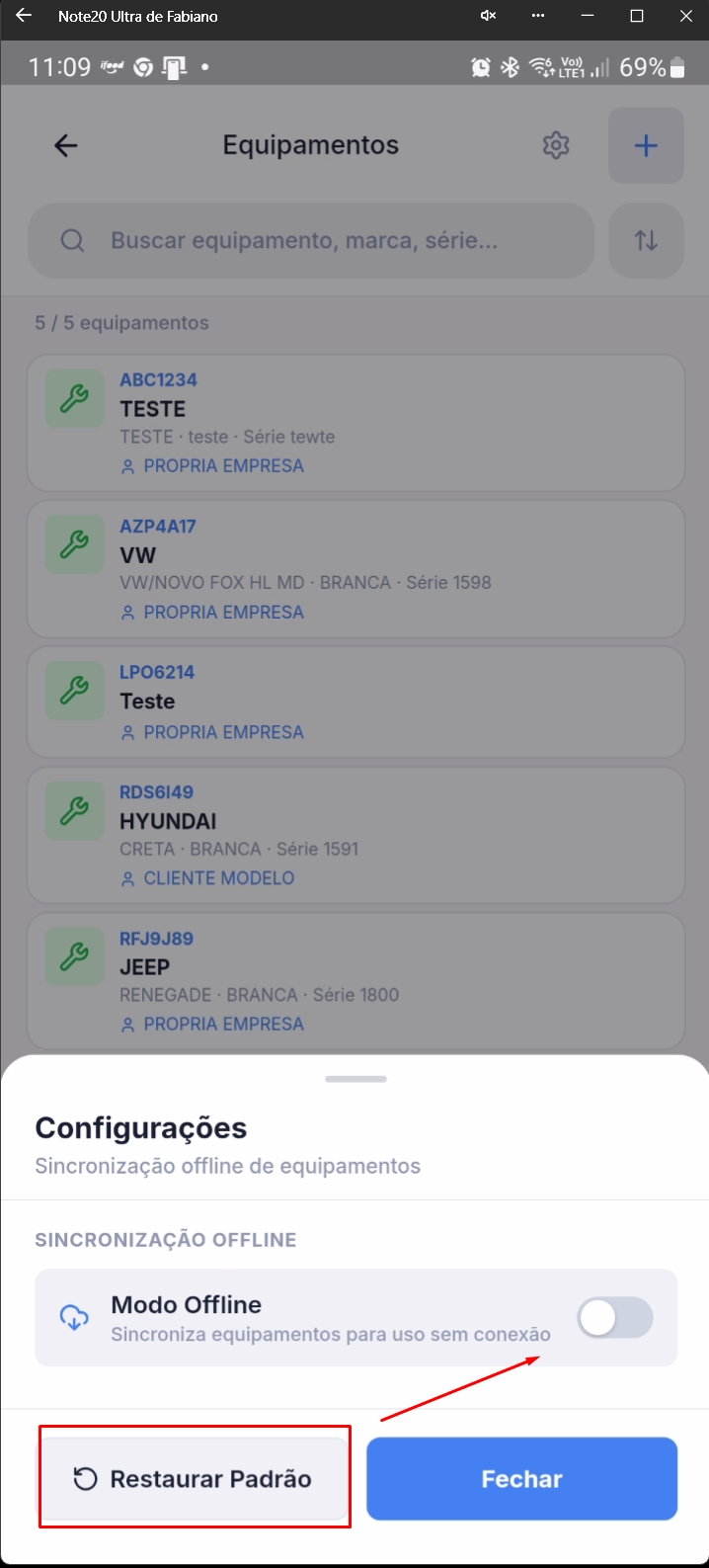 Configurações de equipamentos com opção restaurar padrão