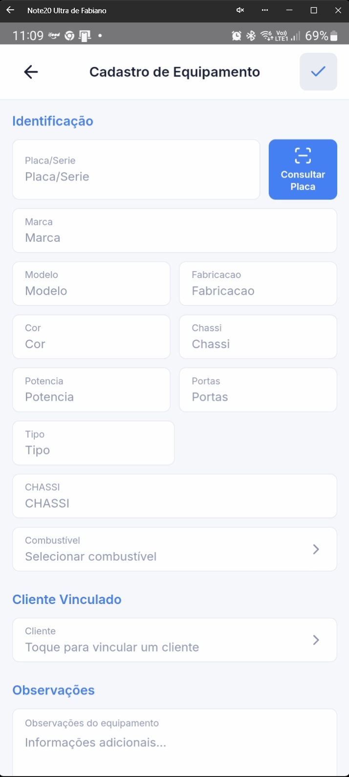 Formulário vazio de cadastro de equipamento