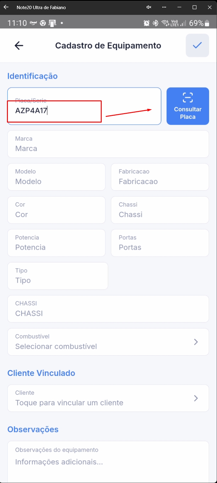 Formulário de cadastro com placa preenchida