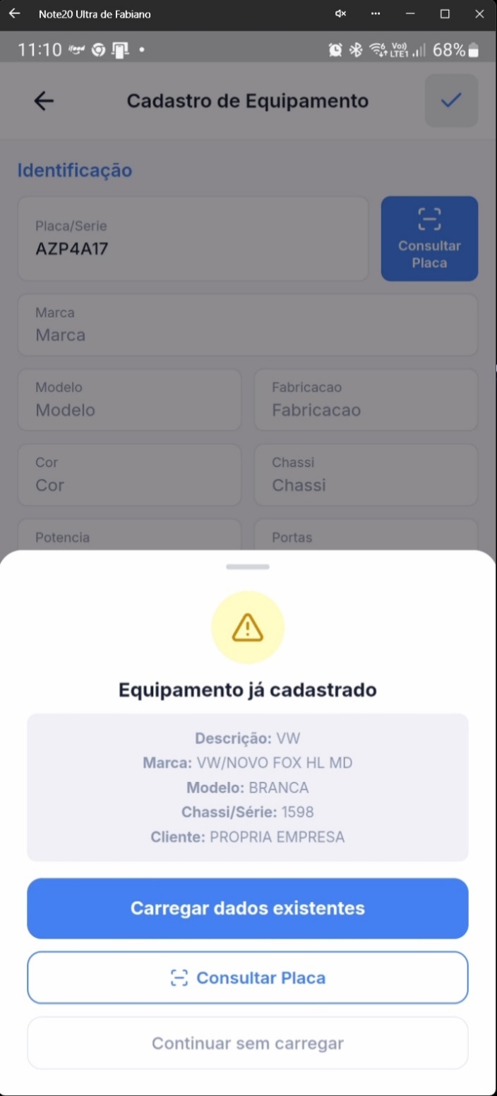 Diálogo indicando equipamento já cadastrado com opções