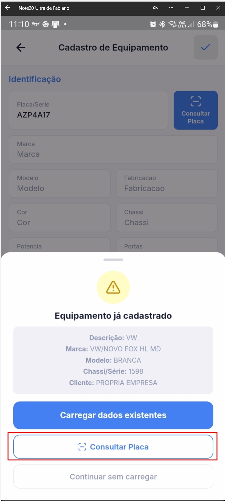 Tela de consulta de placa em processamento