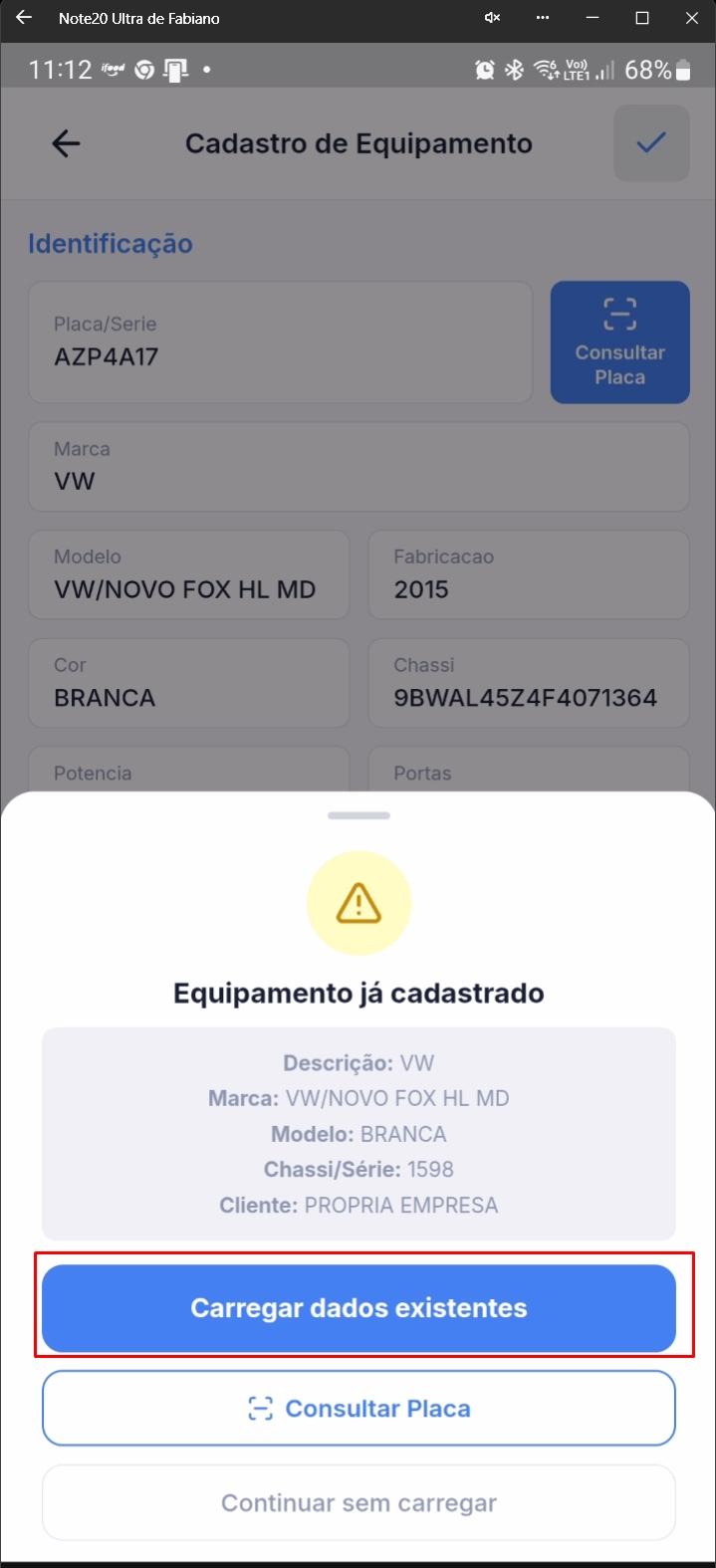 Formulário preenchido automaticamente com dados da placa