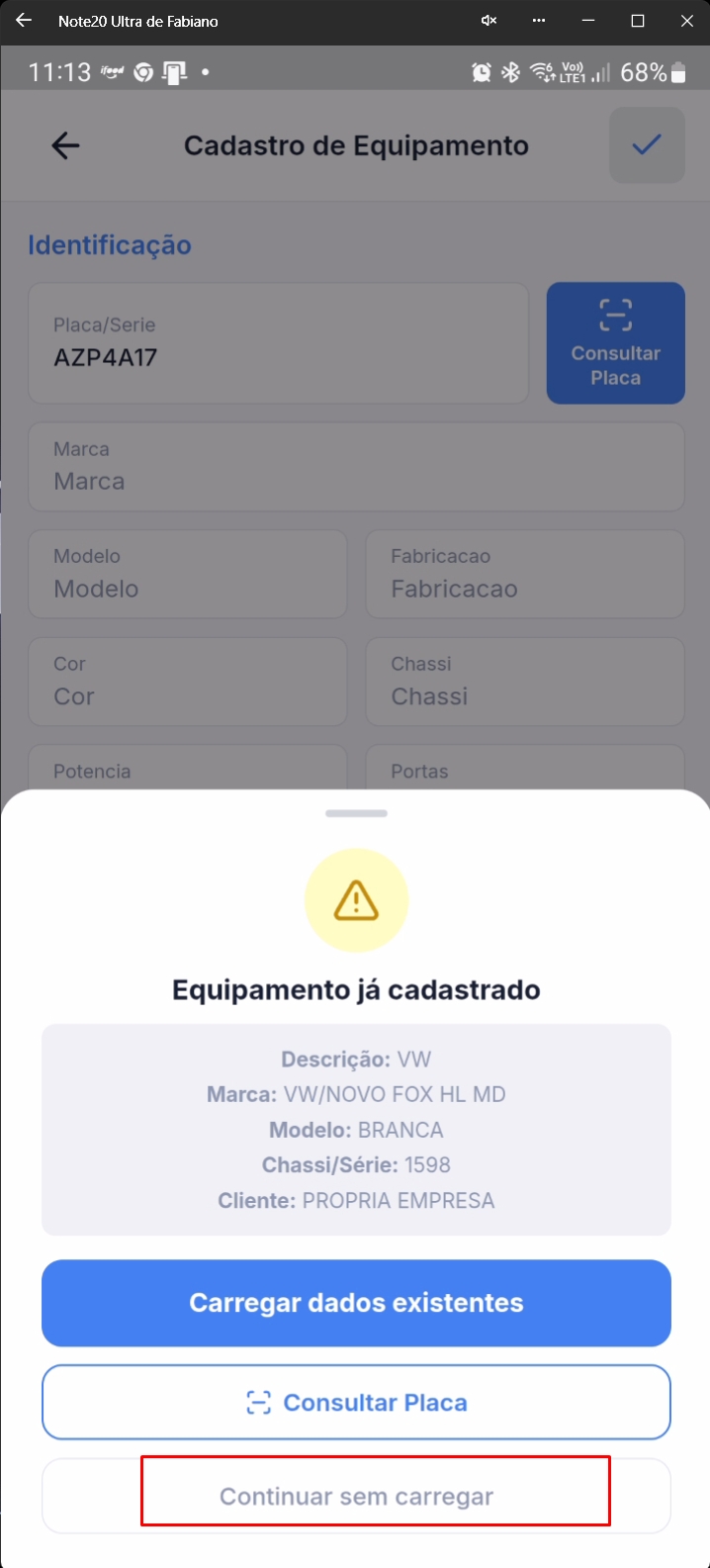 Diálogo de confirmação para continuar sem carregar dados