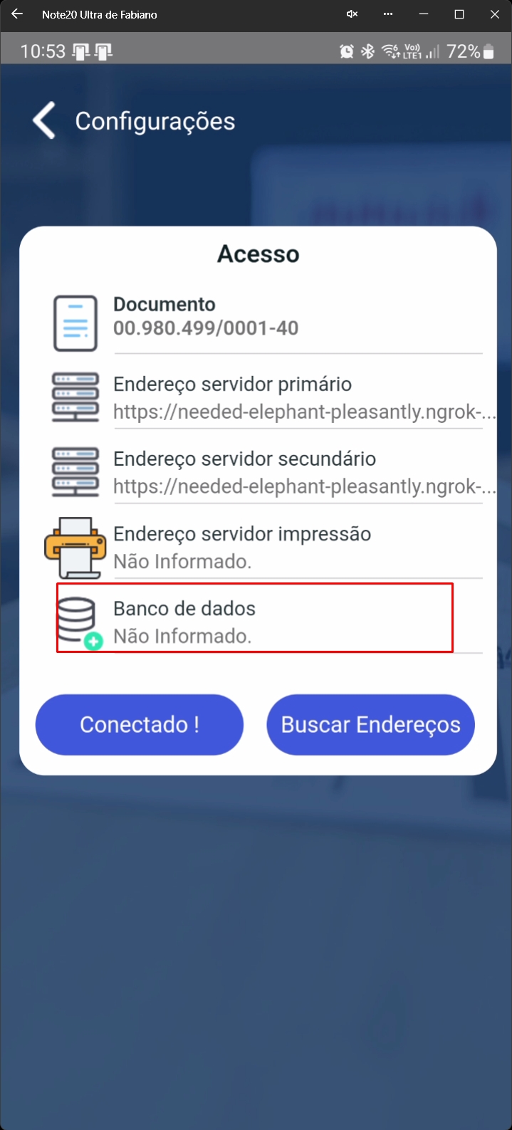 Tela de seleção de banco de dados