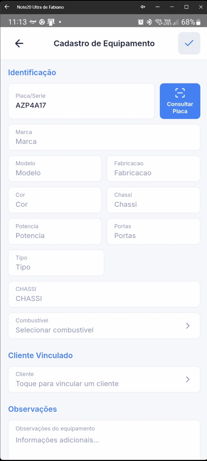 Formulário de cadastro com campos vazios