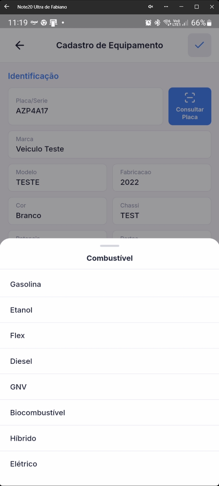 Tela com lista de tipos de combustível disponíveis