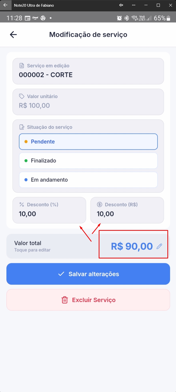 Tela mostrando serviço com valor total editado