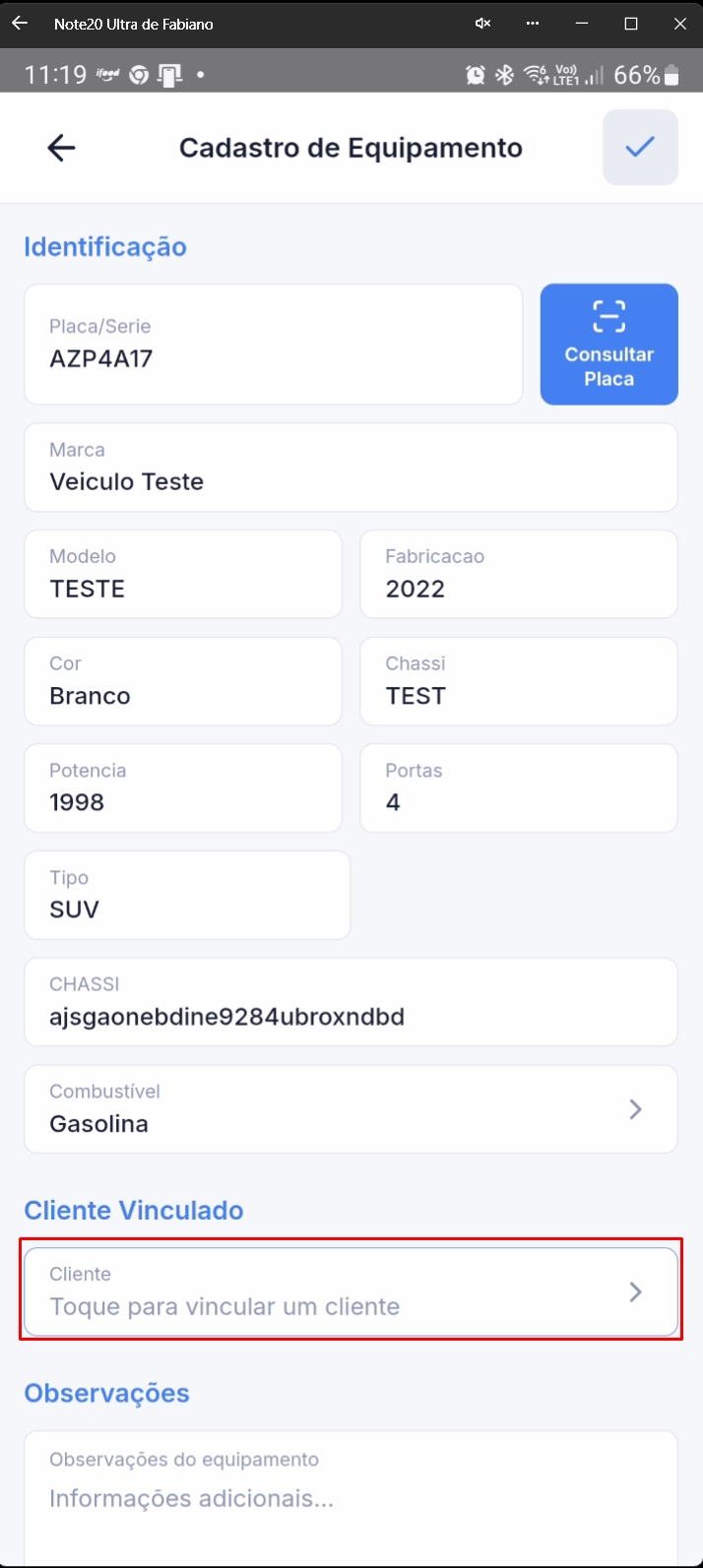 Formulário com gasolina selecionada e seção de cliente vinculado