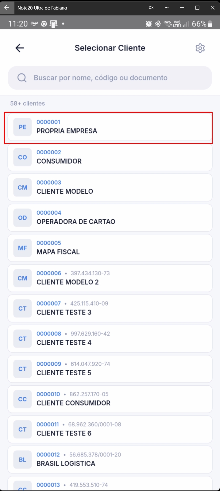 Tela de seleção de cliente para vincular ao equipamento