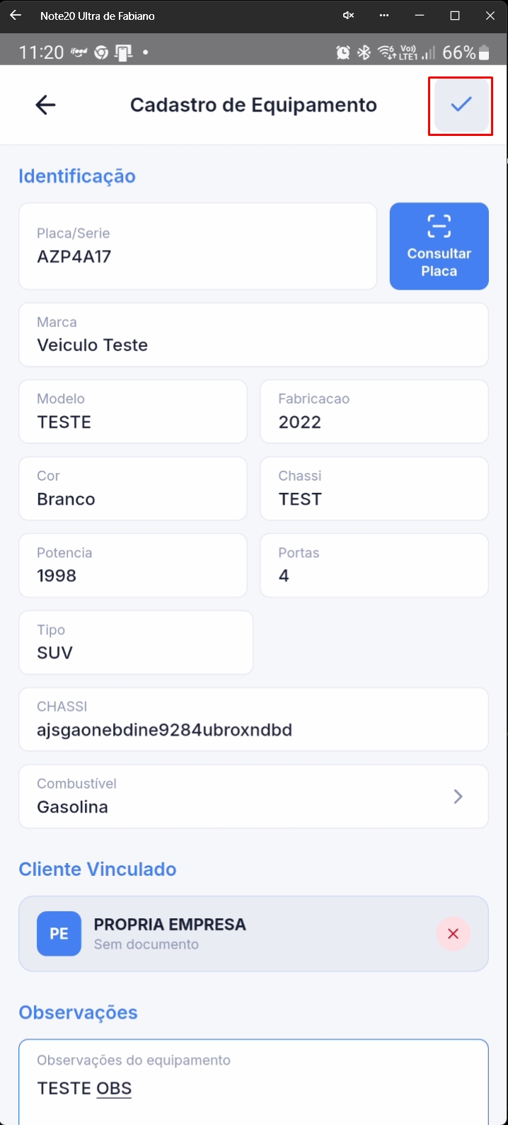 Formulário completo de equipamento com botão de confirmar