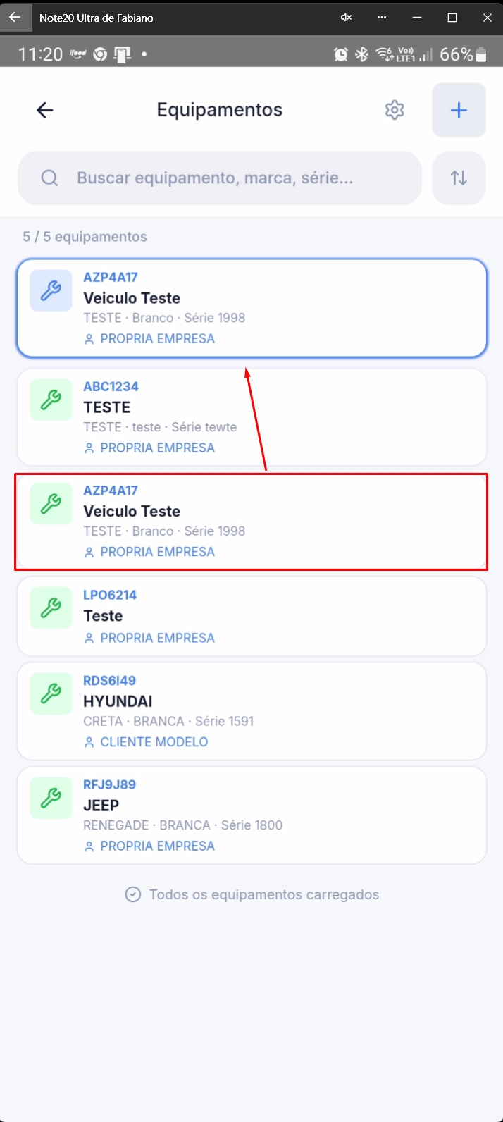 Tela listando equipamentos incluindo o novo cadastro