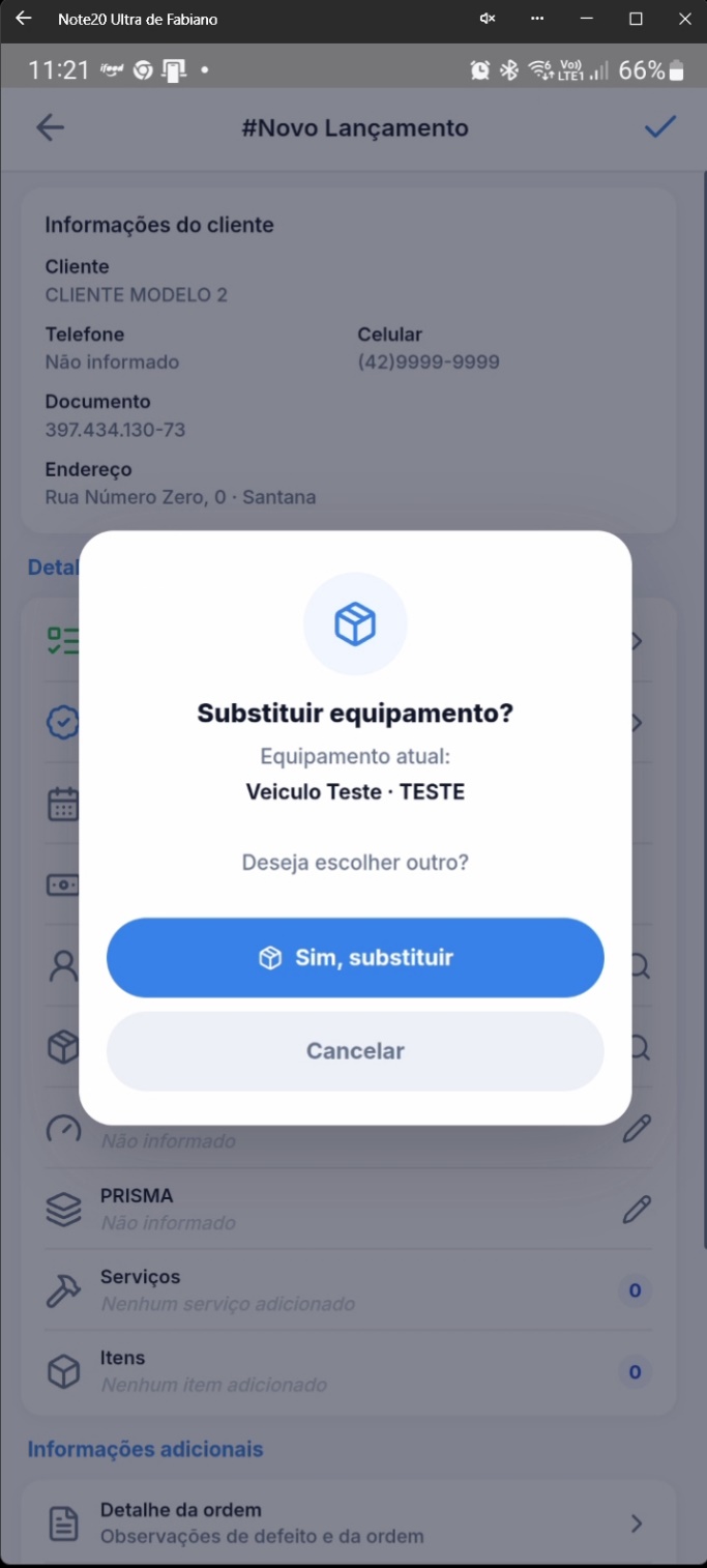 Diálogo de confirmação para trocar equipamento