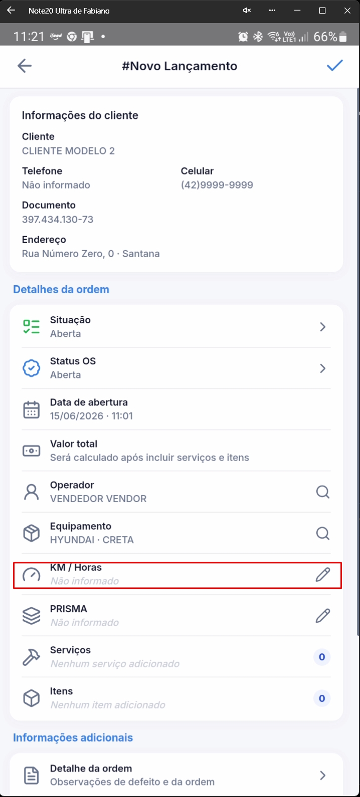 Formulário destacando campo de KM/Horas