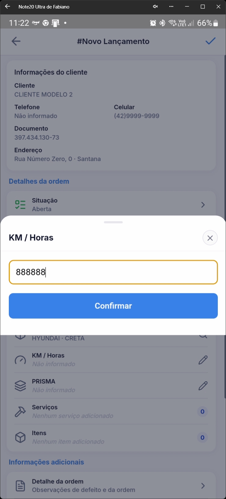Diálogo para entrada de valor de KM/Horas