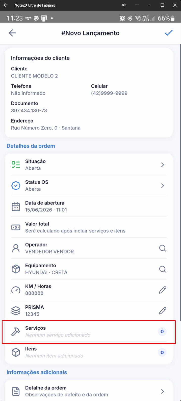 Formulário destacando seção de Serviços