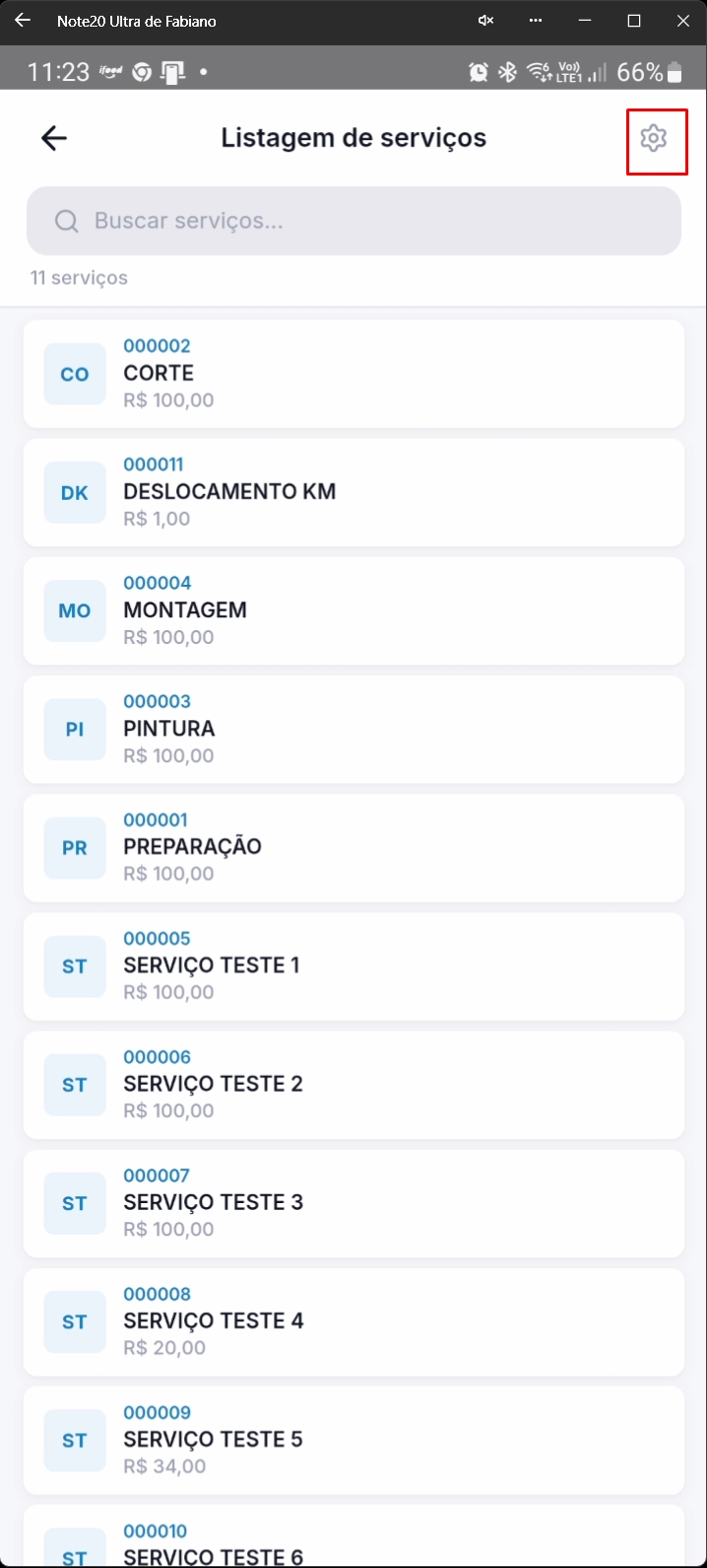 Tela listando serviços disponíveis com opções de configuração