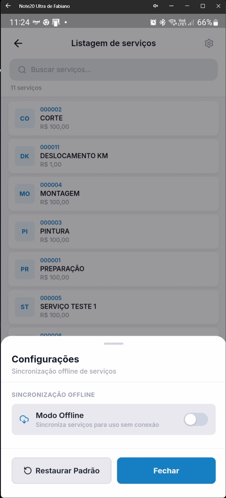Configurações de serviços com modo offline desativado