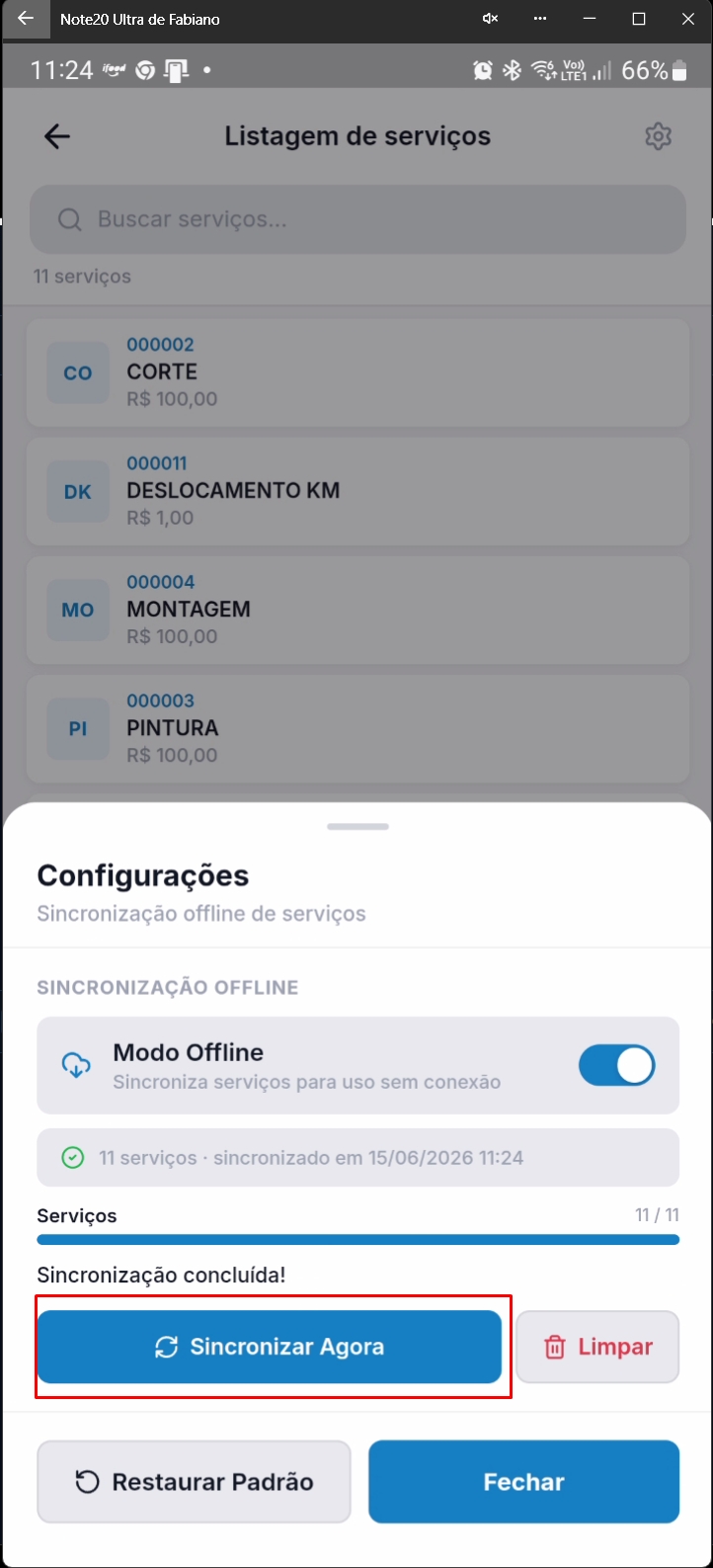 Tela de configurações mostrando serviços sincronizados