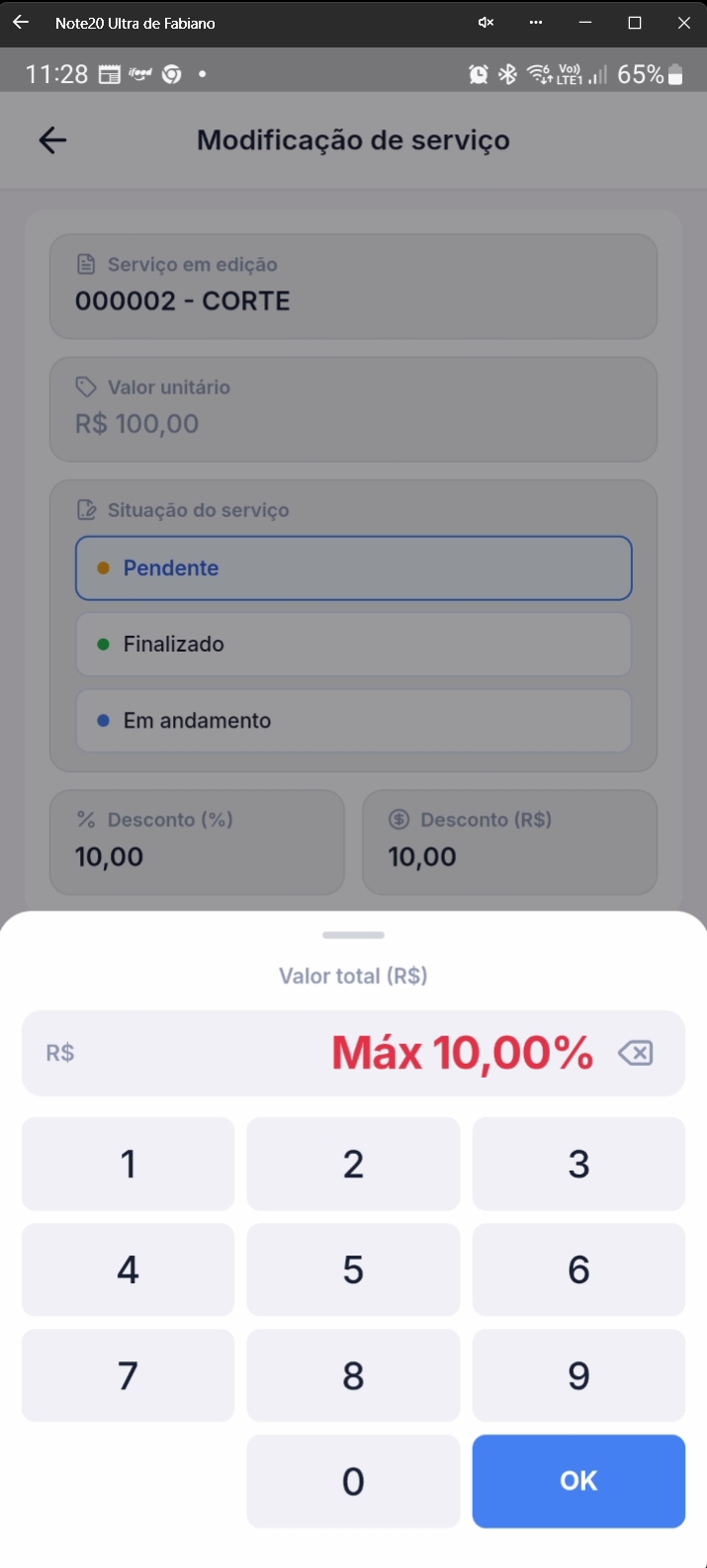 Tela final com cálculos de desconto e total