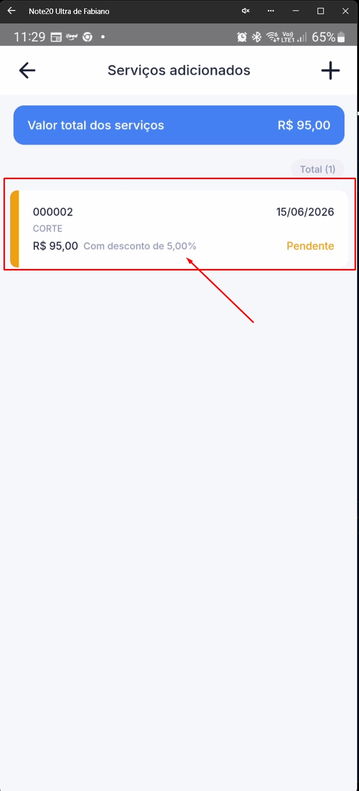 Tela listando serviço com desconto já aplicado