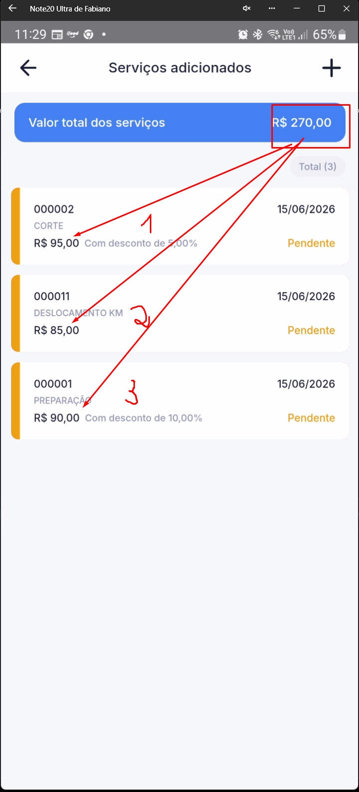 Tela mostrando múltiplos serviços e valor total consolidado