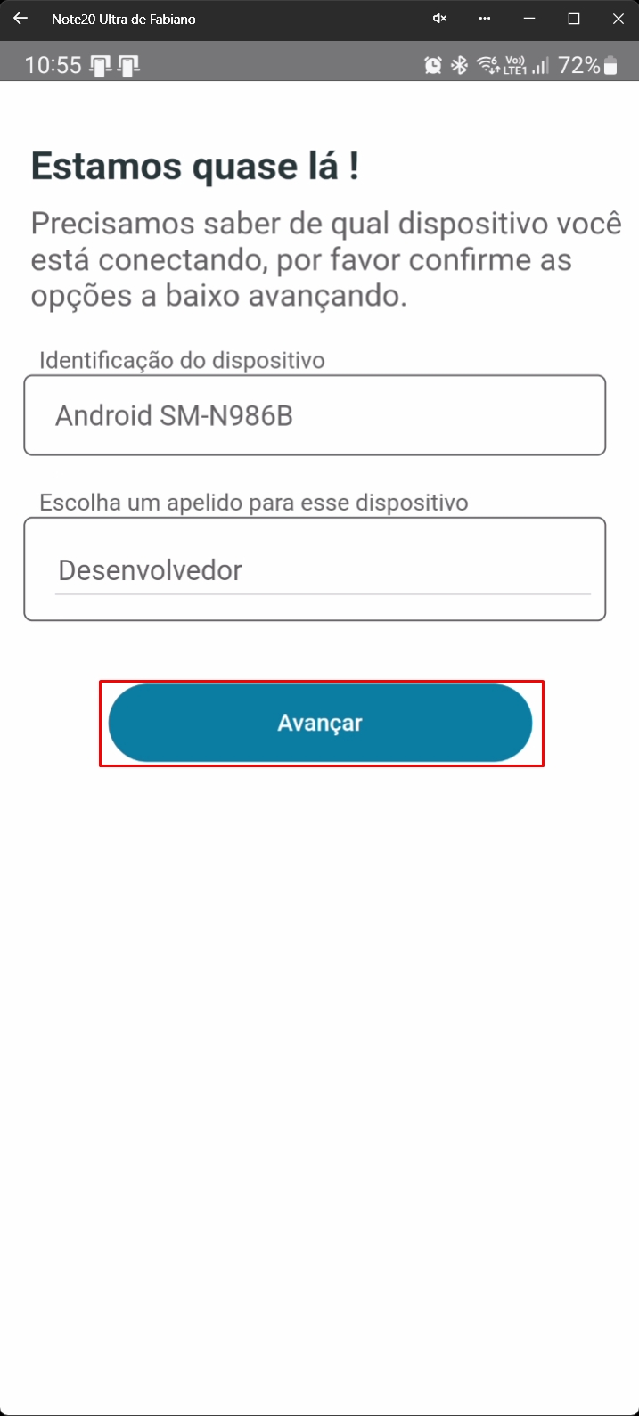 Tela de identificação do dispositivo com campo de apelido