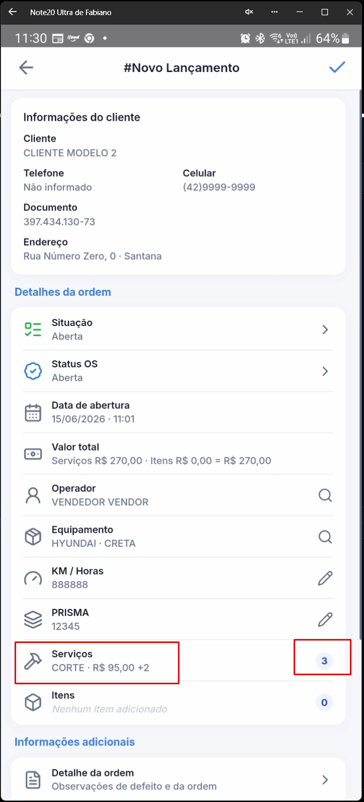 Formulário principal mostrando resumo de serviços