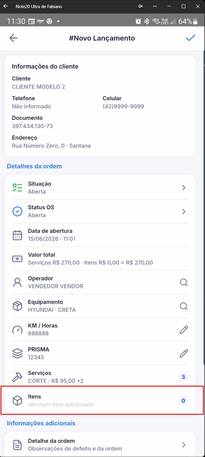 Formulário destacando seção de Itens