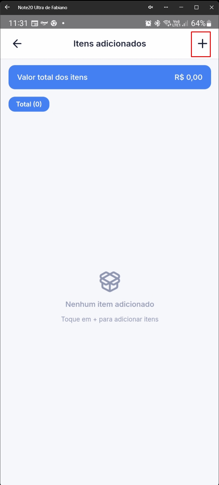 Tela após clicar em adicionar novo item