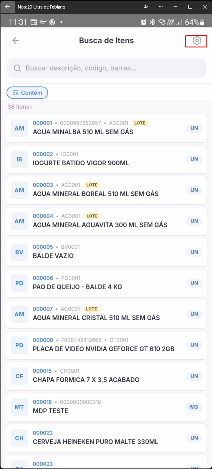 Tela listando itens disponíveis com opções