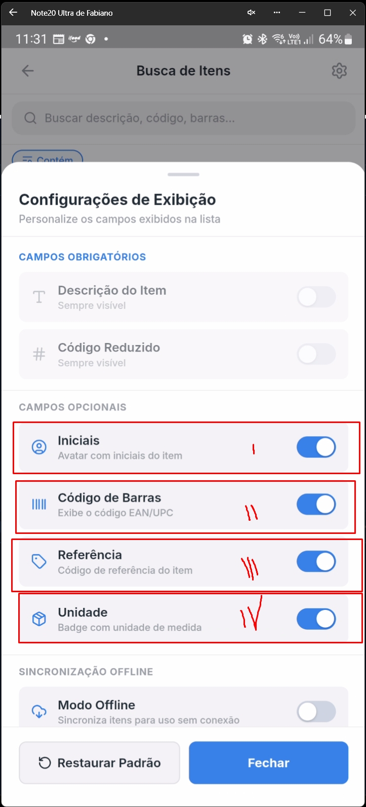 Tela de configurações mostrando campos habilitados