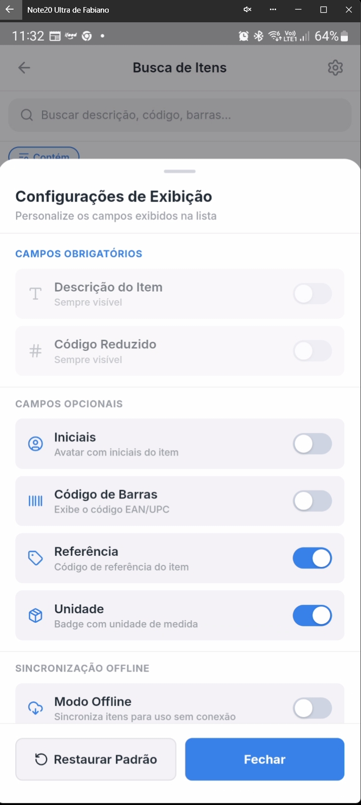 Tela de configurações com desabilitação de campos