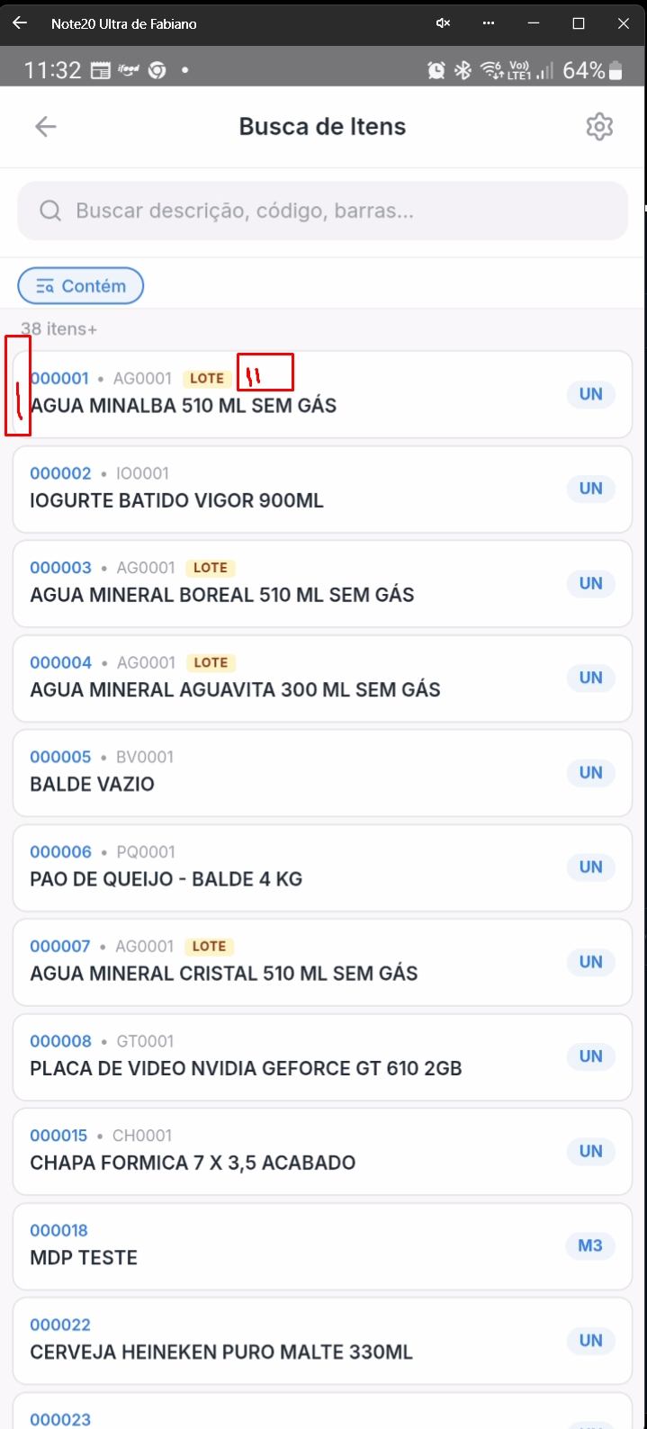 Tela listando itens sem avatar e sem código de barras