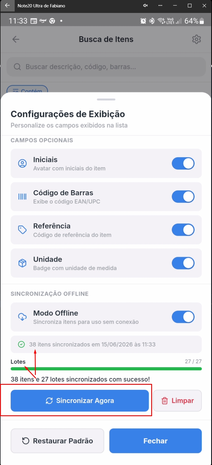 Tela de configurações mostrando itens sincronizados