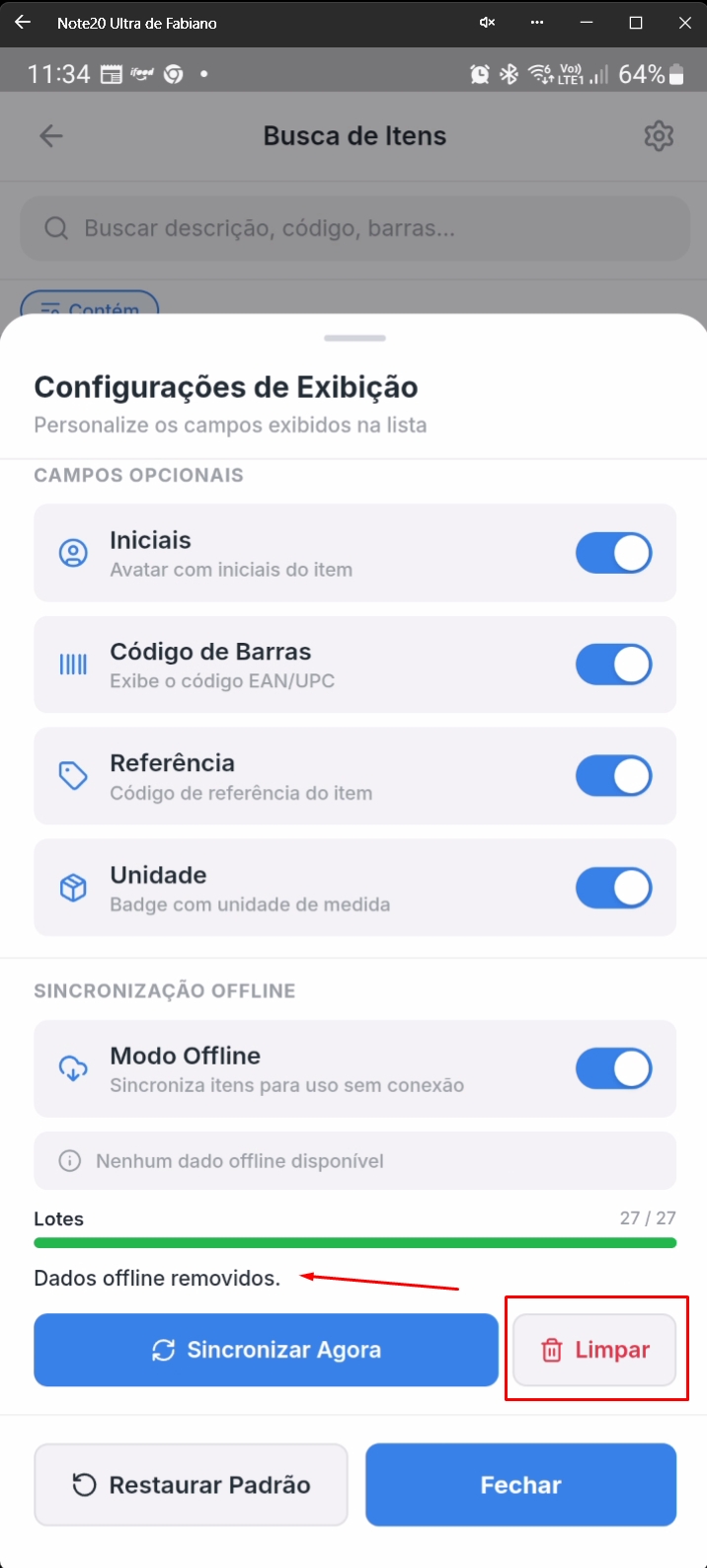 Tela de configurações após limpeza de dados offline