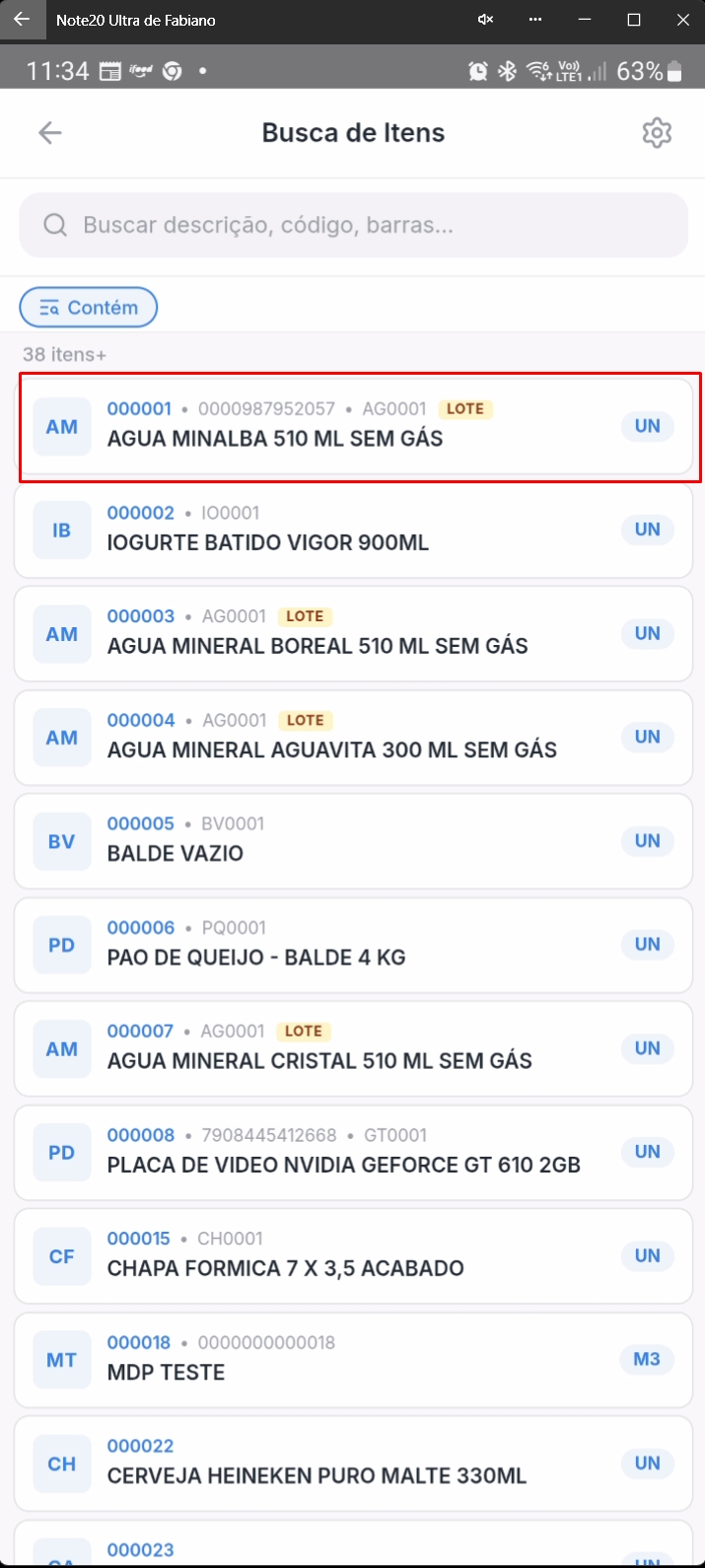 Tela mostrando um item selecionado da lista