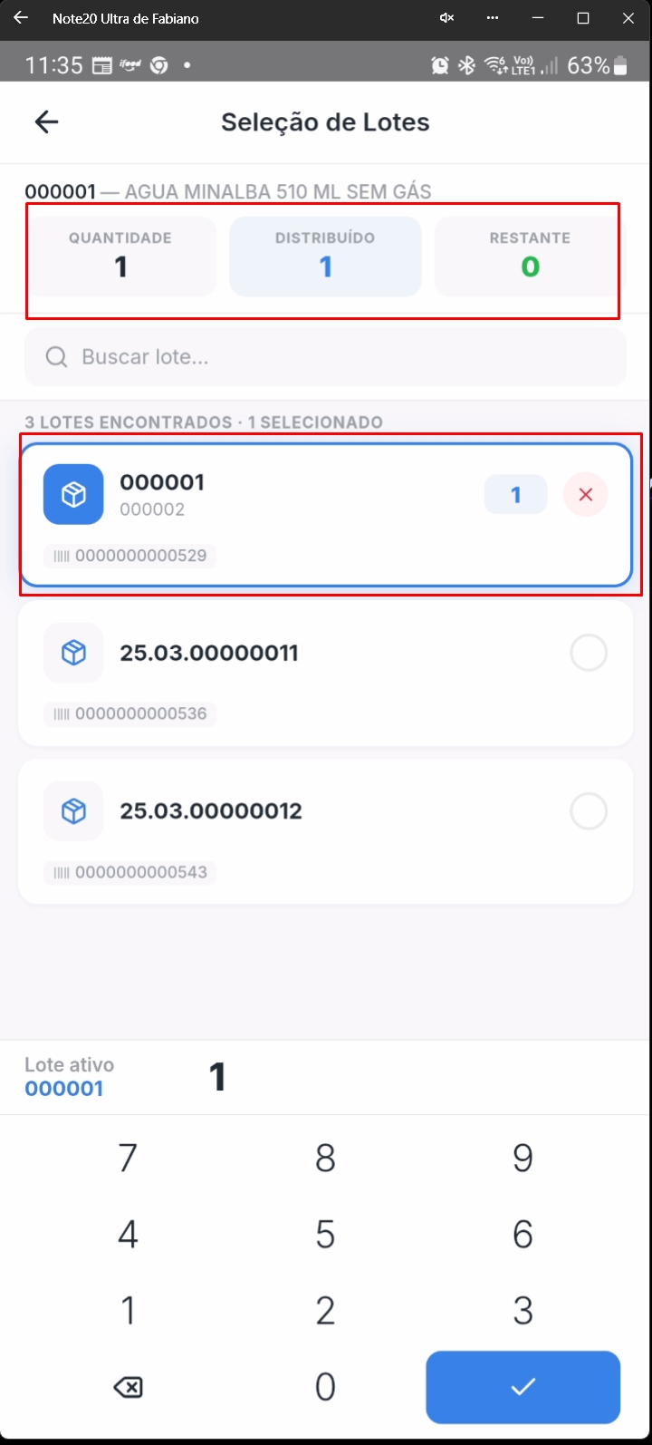 Tela listando lotes disponíveis para o item