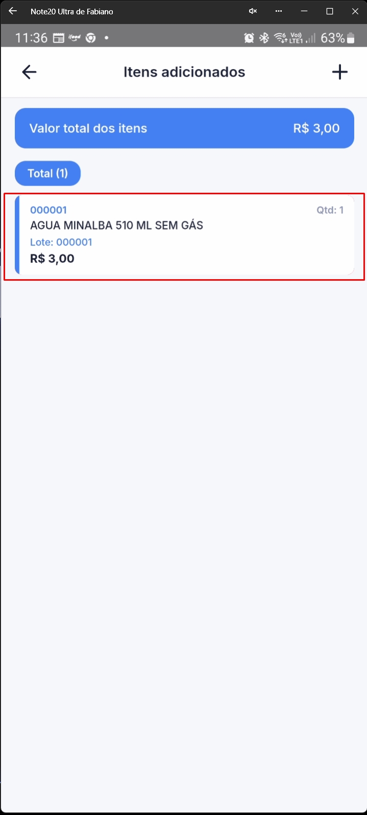 Tela mostrando item adicionado com quantidade e lote