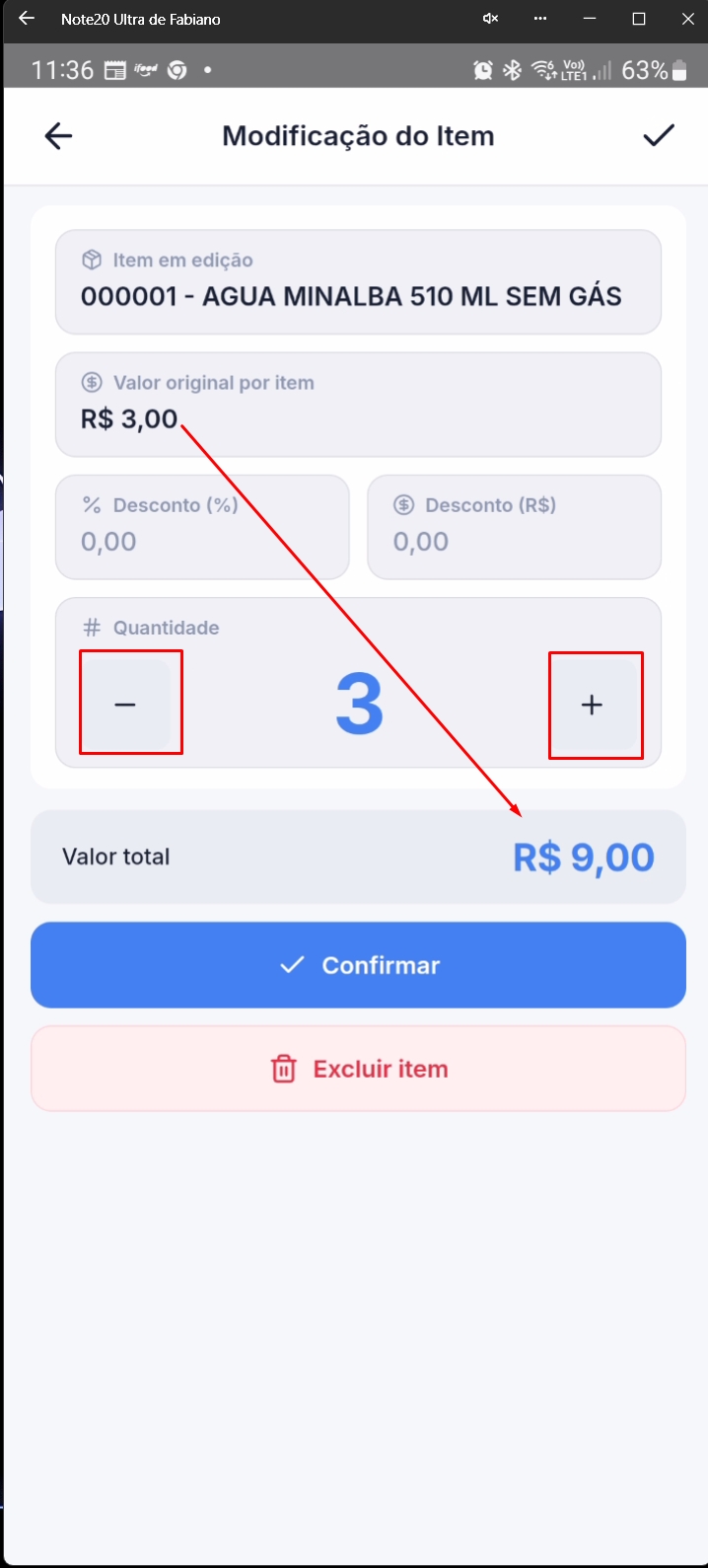 Tela de edição mostrando quantidade e valor total